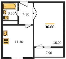 Однокомнатная квартира 36.6 м²