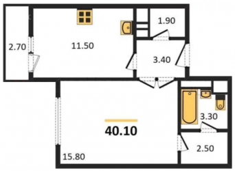 Однокомнатная квартира 40.1 м²