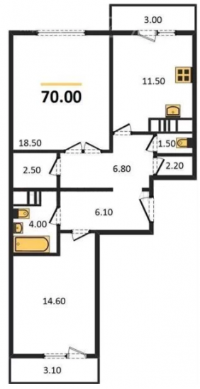Двухкомнатная квартира 70 м²
