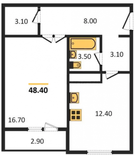 Однокомнатная квартира 48.4 м²