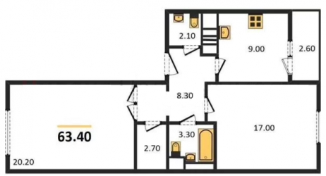 Двухкомнатная квартира 63.4 м²
