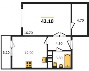 Однокомнатная квартира 42.1 м²