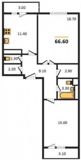 Двухкомнатная квартира 66.6 м²