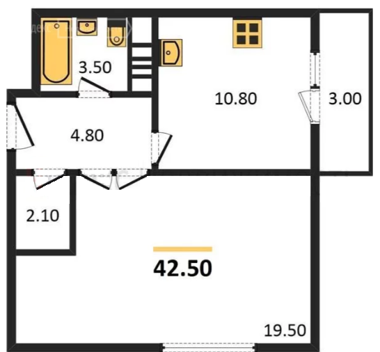 Однокомнатная квартира 42.5 м²