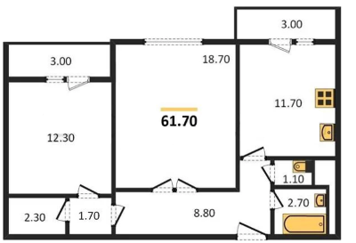 Двухкомнатная квартира 61.7 м²